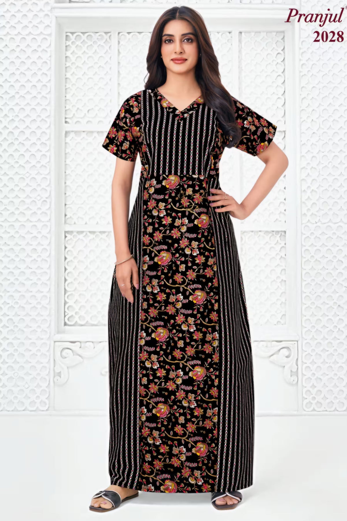 Pranjul 2028 Black Floral Nighty – Full Length Women's Nightwear Main image