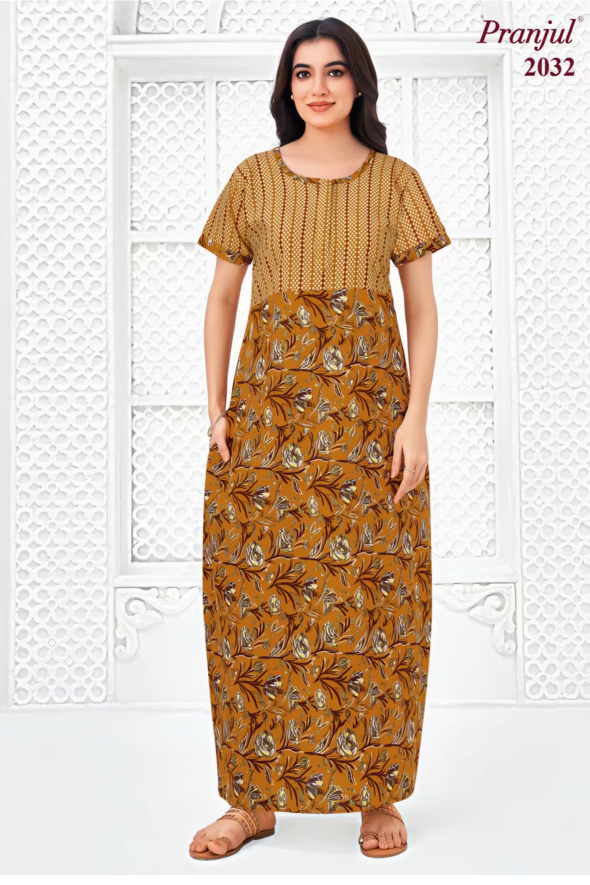 Pranjul 2032 Mustard Printed Nighty for Women | Full Length Main image