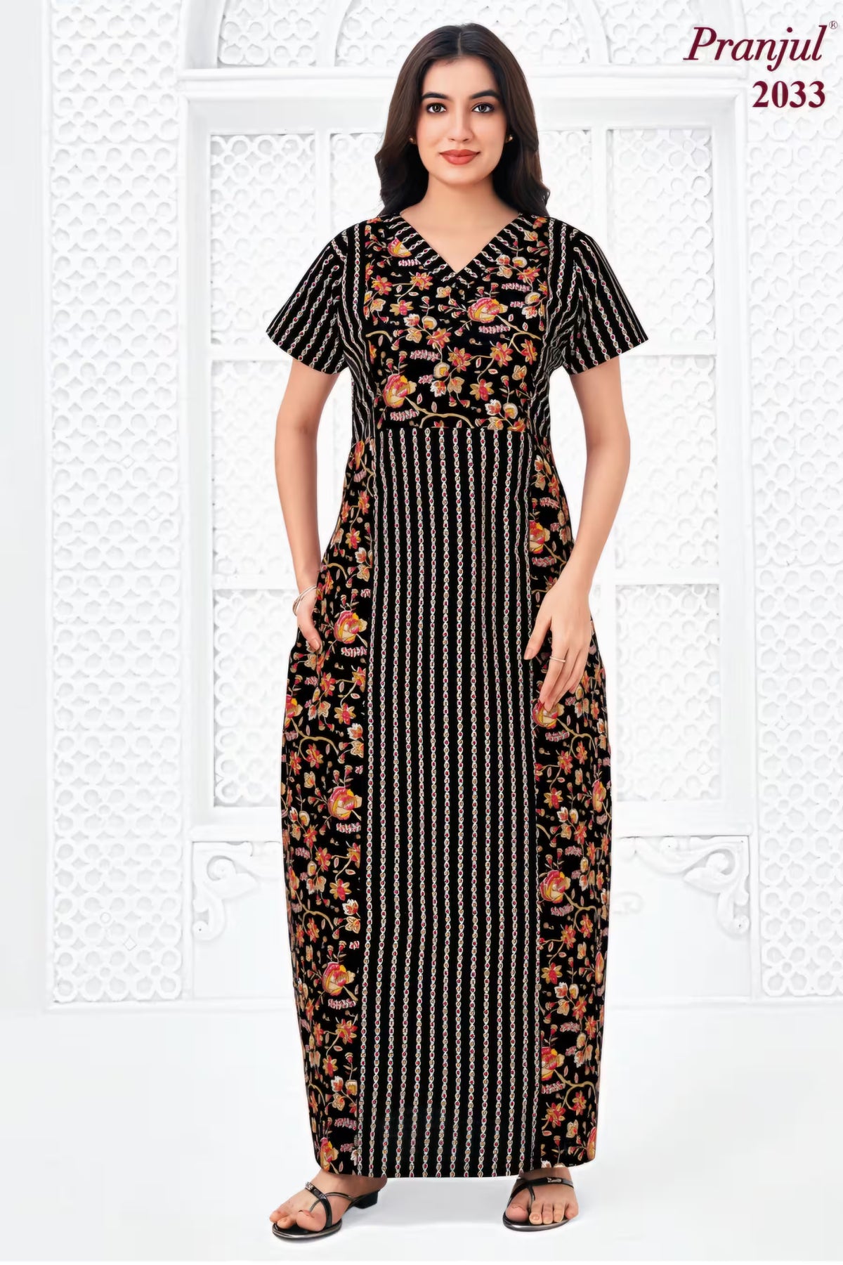 Pranjul 2033 Black Printed Nighty for Women | Full Length