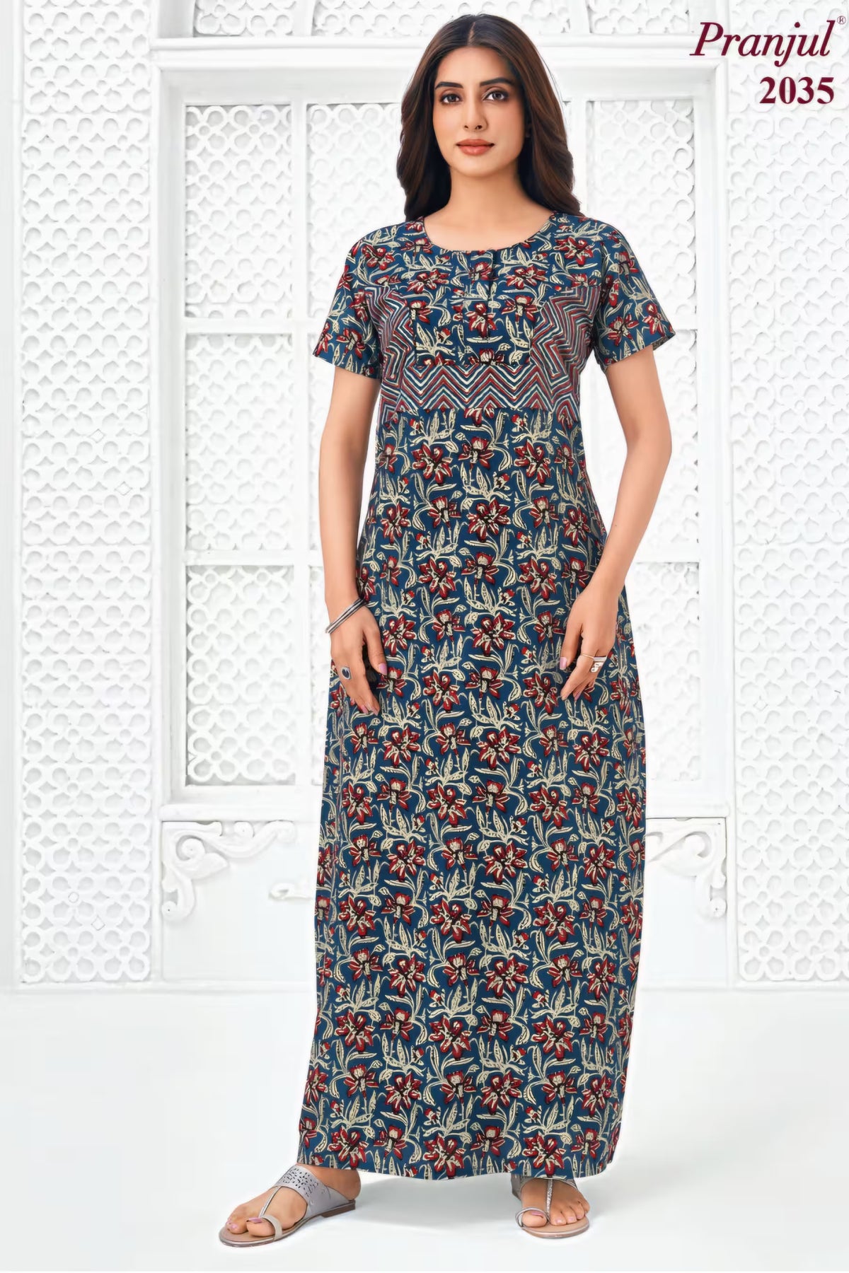 Pranjul 2035 Navy Blue Floral Nighty for Women | Full Length Main image
