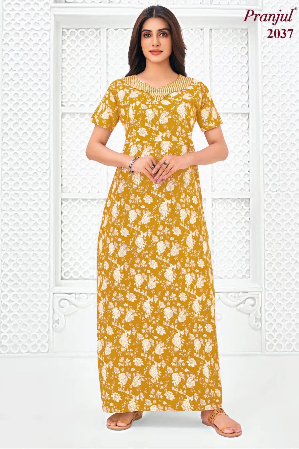Pranjul 2037 Mustard Floral Nighty for Women | Full Length