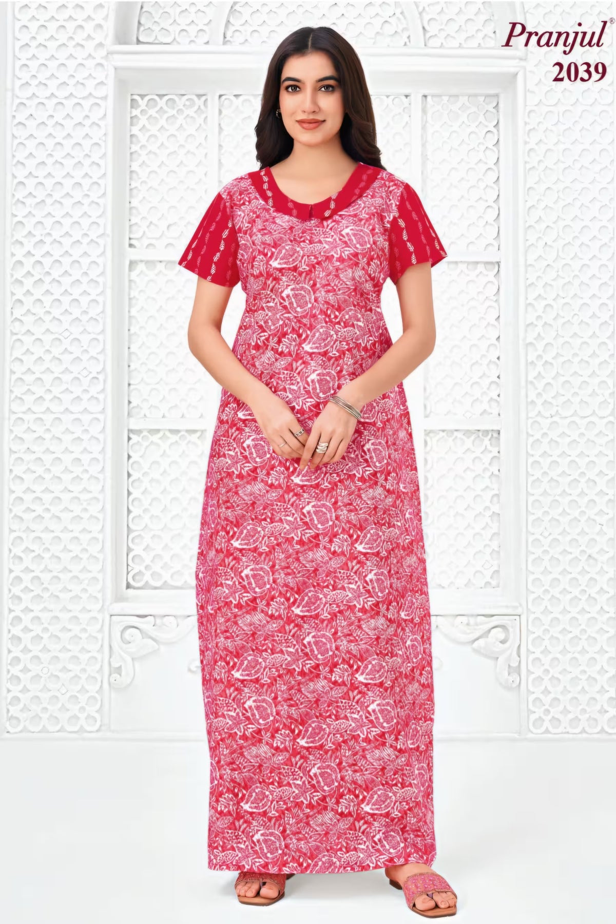 Pranjul 2039 Pink Floral Nighty for Women | Full Length