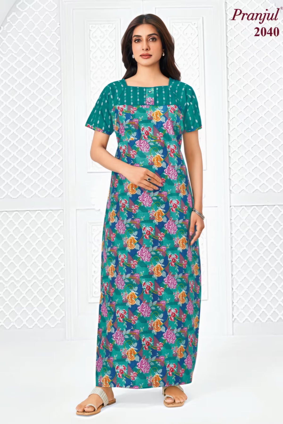 Pranjul 2040 Teal Floral Nighty for Women | Full Length