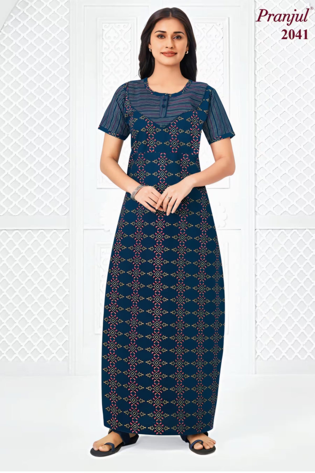 Pranjul 2041 Navy Blue Printed Nighty for Women | Full Length Main image