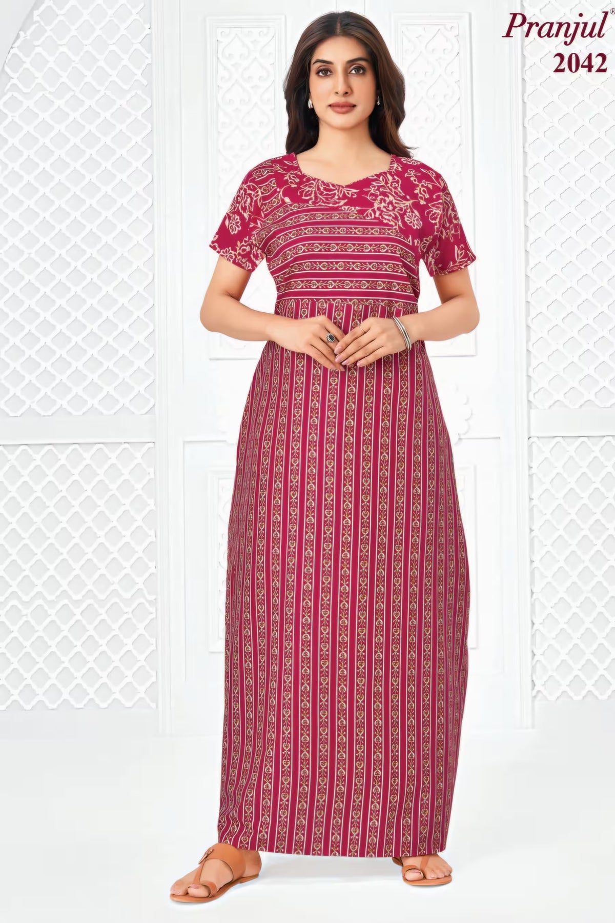 Pranjul 2042 Maroon Printed Nighty for Women | Full Length
