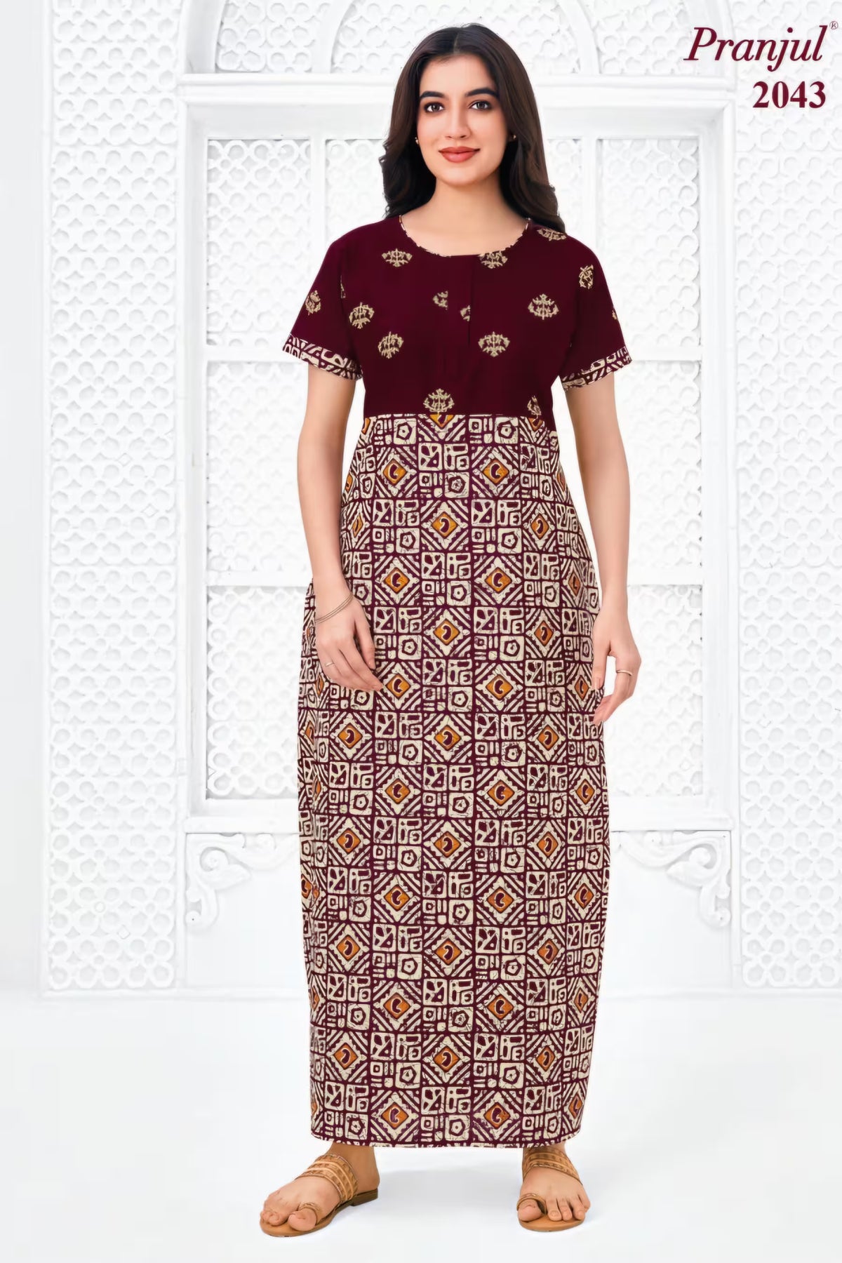 Pranjul 2043 Maroon Printed Nighty for Women | Full Length