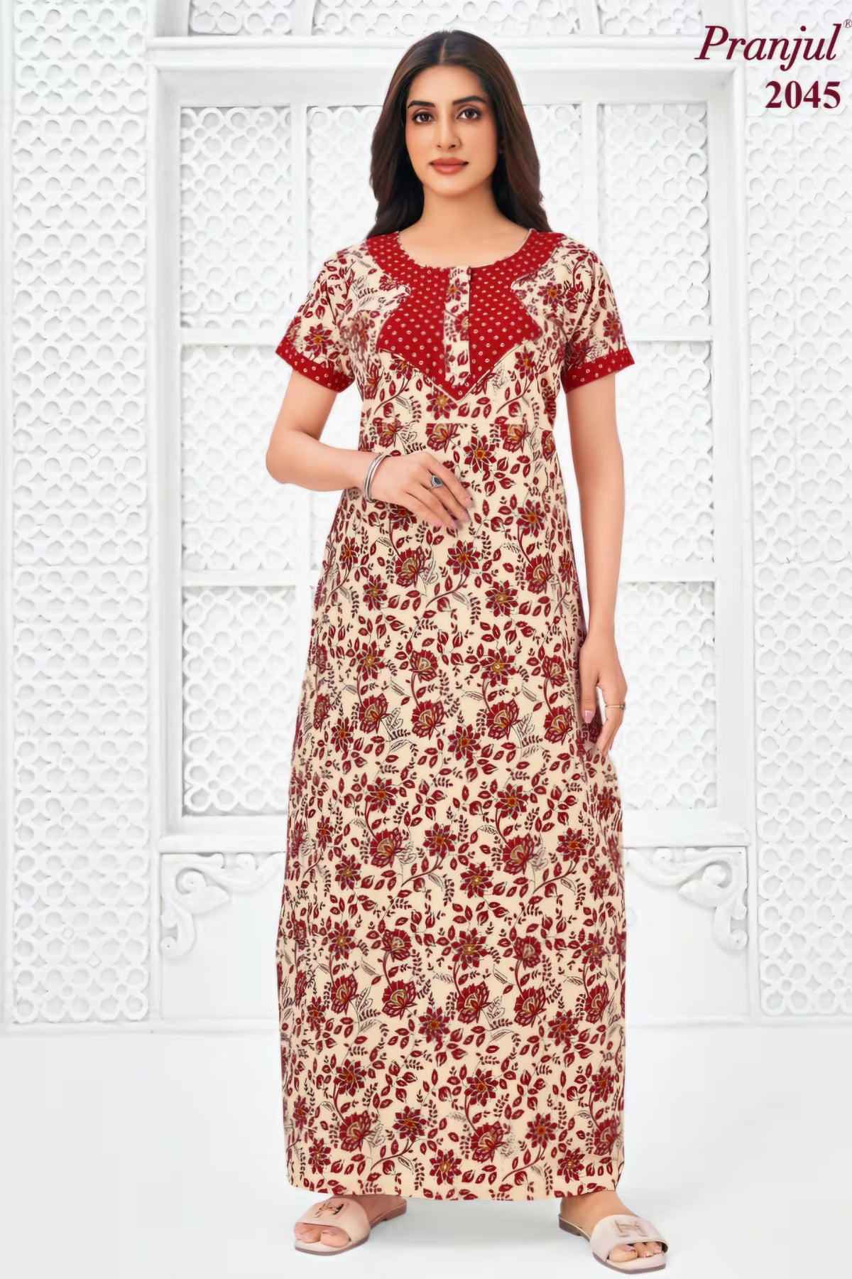 Pranjul 2045 Cream Floral Printed Nighty for Women | Full Length Main image