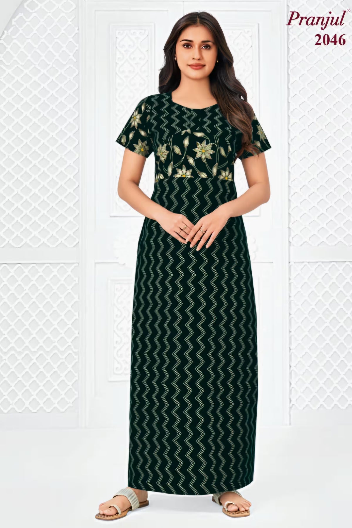 Pranjul 2046 Green Zigzag Printed Nighty for Women | Full Length