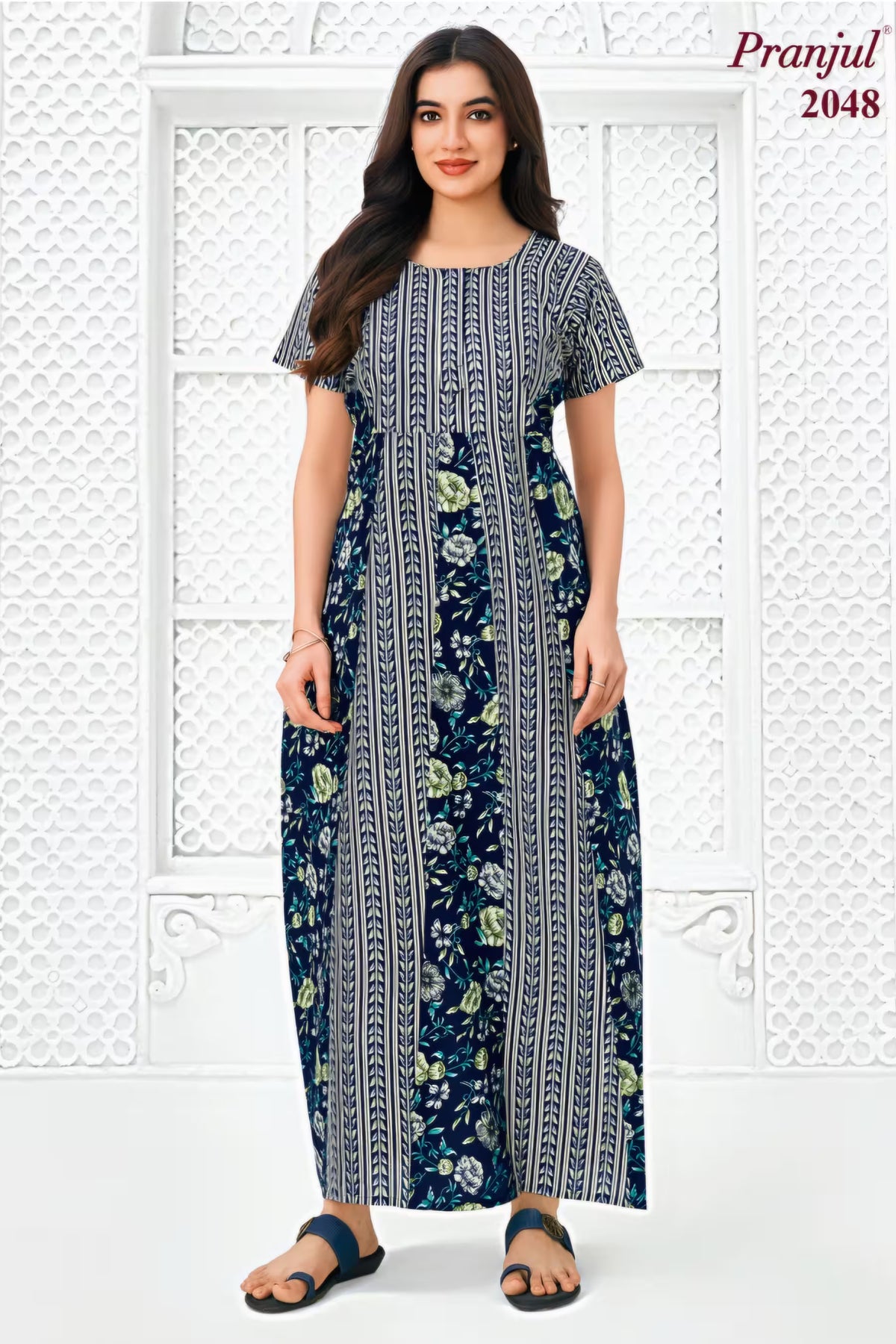 Pranjul 2048 Navy Blue Printed Nighty for Women – Full Length Floral Nightgown