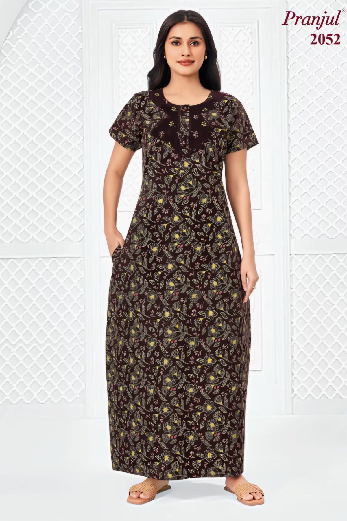 Pranjul 2052 Brown Floral Printed Nighty for Women – Full Length Nightgown Main image