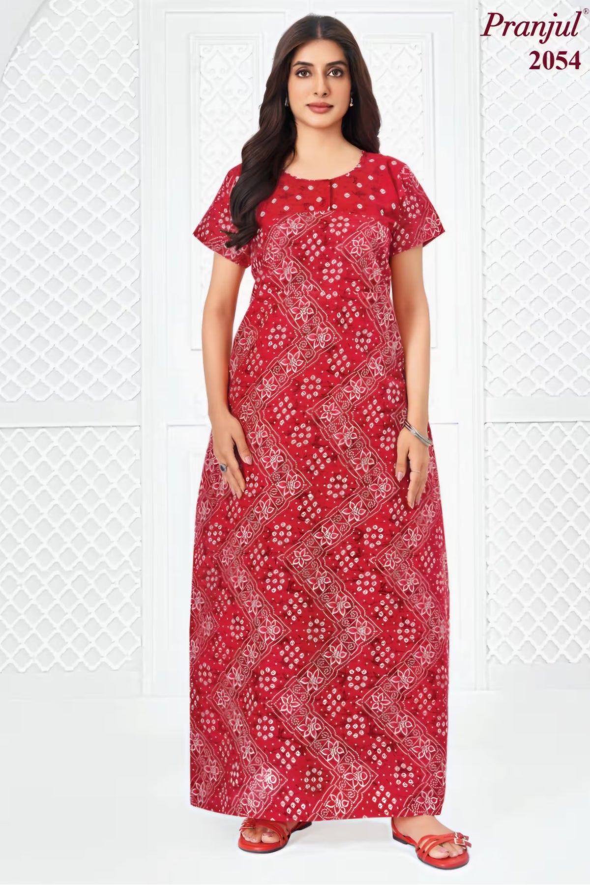 Pranjul 2054 Red Printed Nighty for Women – Full Length Floral Pattern Nightgown