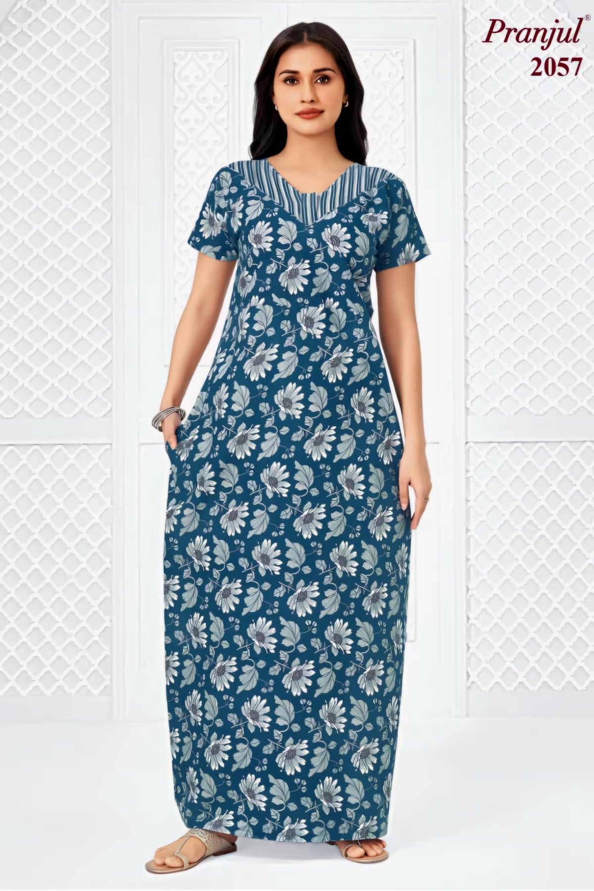 Pranjul 2057 Blue Floral Printed Nighty for Women – Full Length Nightgown