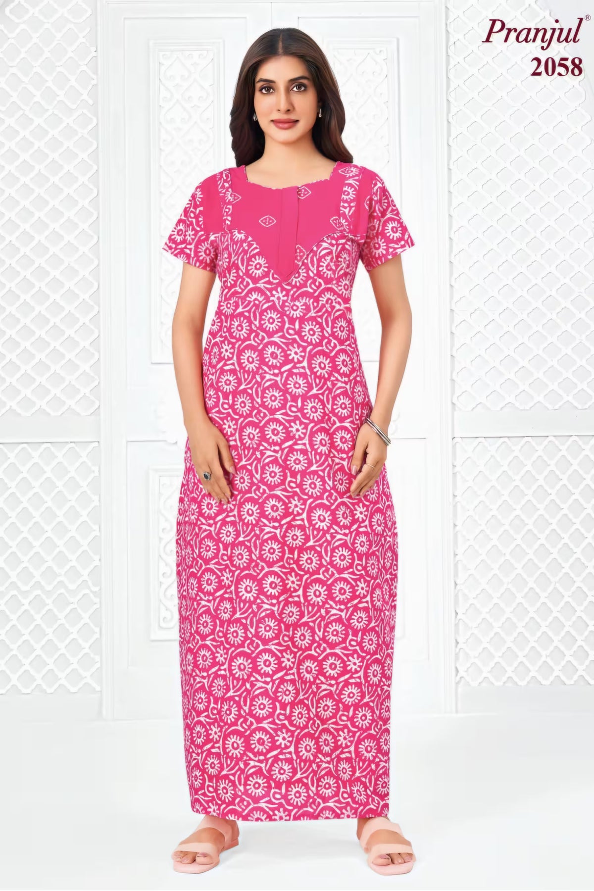 Pranjul 2058 Pink Floral Printed Nighty for Women – Full Length Nightgown Main image