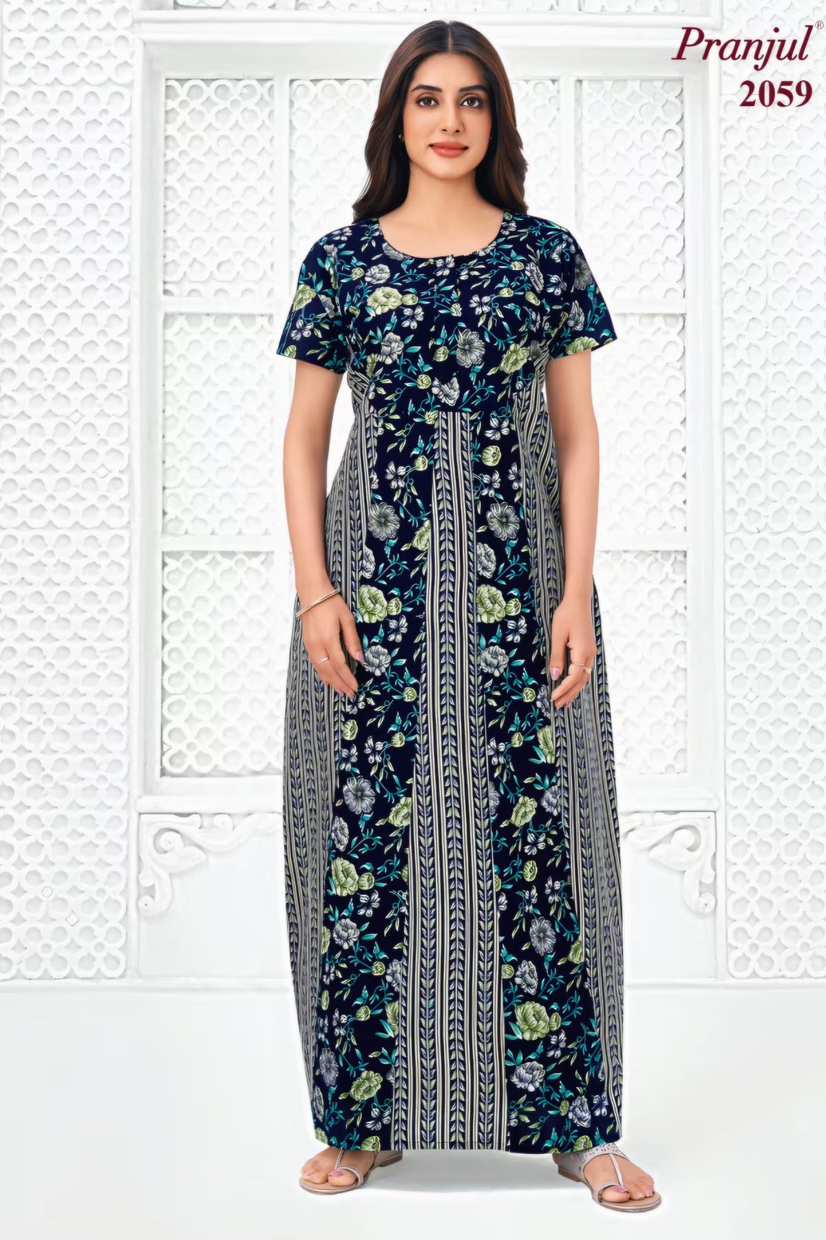 Pranjul 2059 Navy Blue Floral Printed Nighty for Women – Full Length Nightgown Main image
