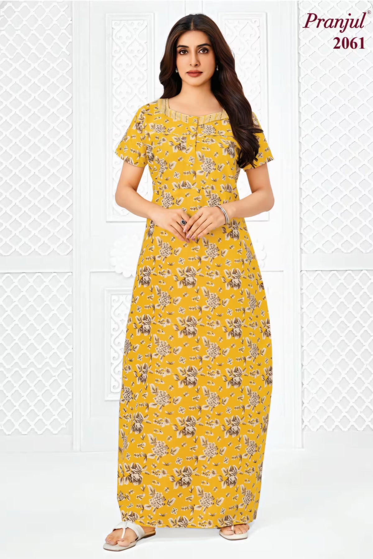 Pranjul 2061 Yellow Floral Printed Nighty for Women – Full Length Nightgown
