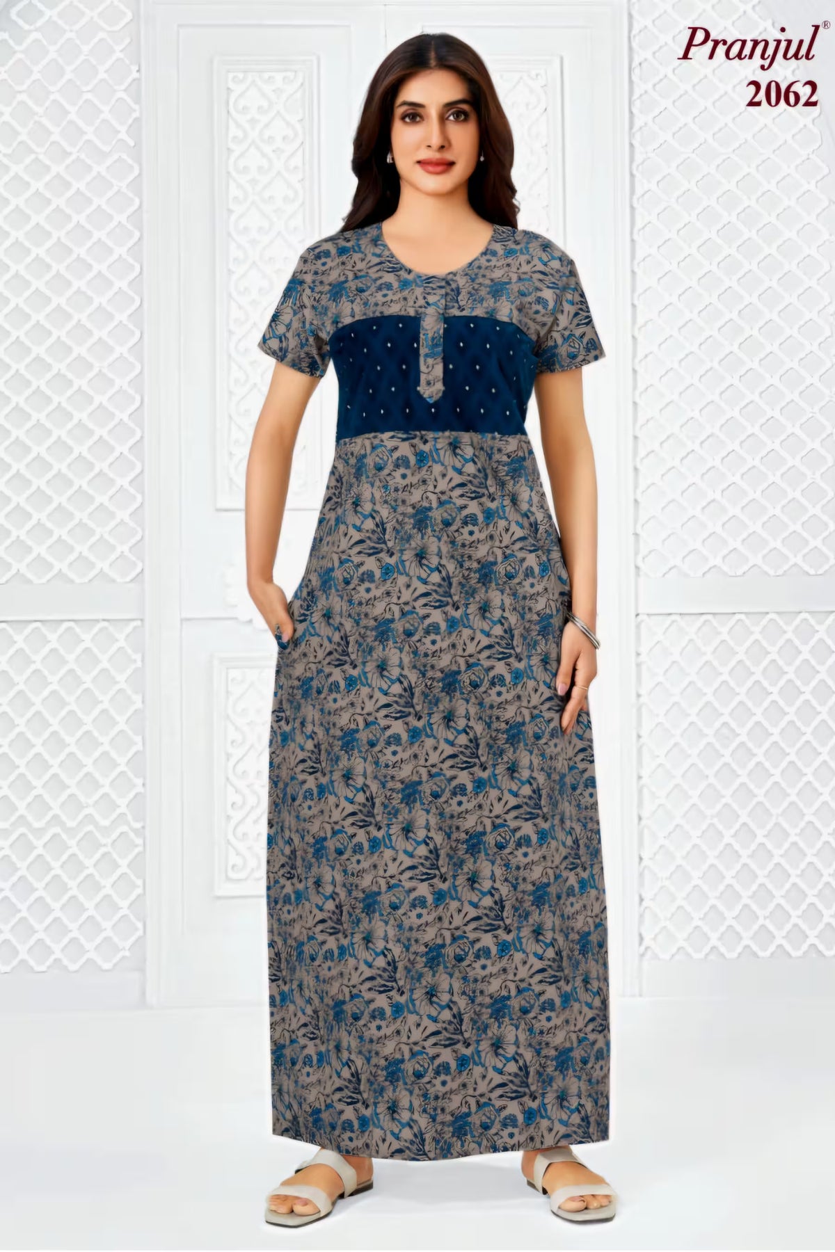Pranjul 2062 Floral Printed Nighty for Women – Full Length Blue & Grey Nightgown Main image