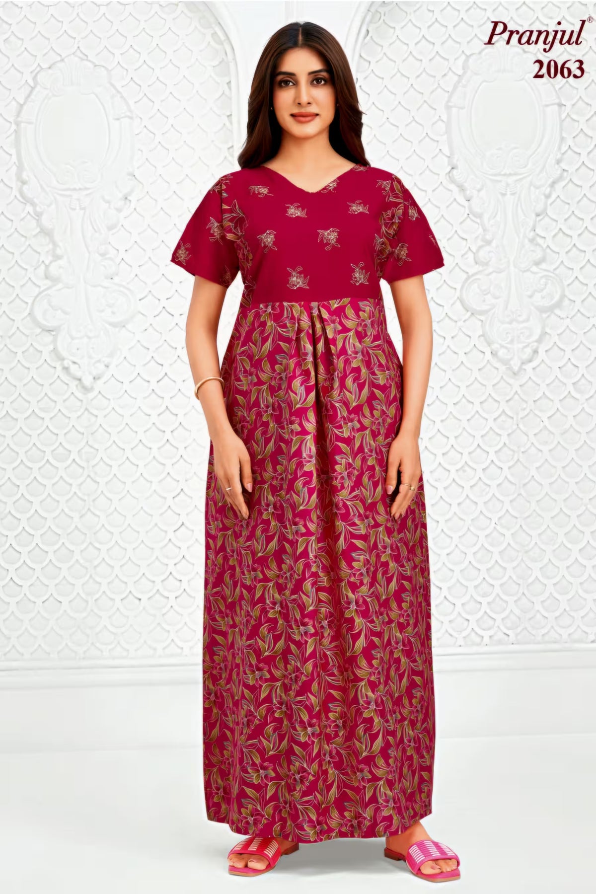 Pranjul 2063 Floral Printed Nighty for Women – Full Length Maroon Nightgown