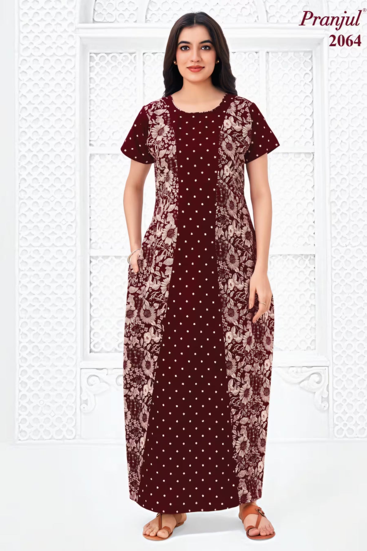 Pranjul 2064 Maroon Floral Printed Nighty for Women – Full Length Nightgown