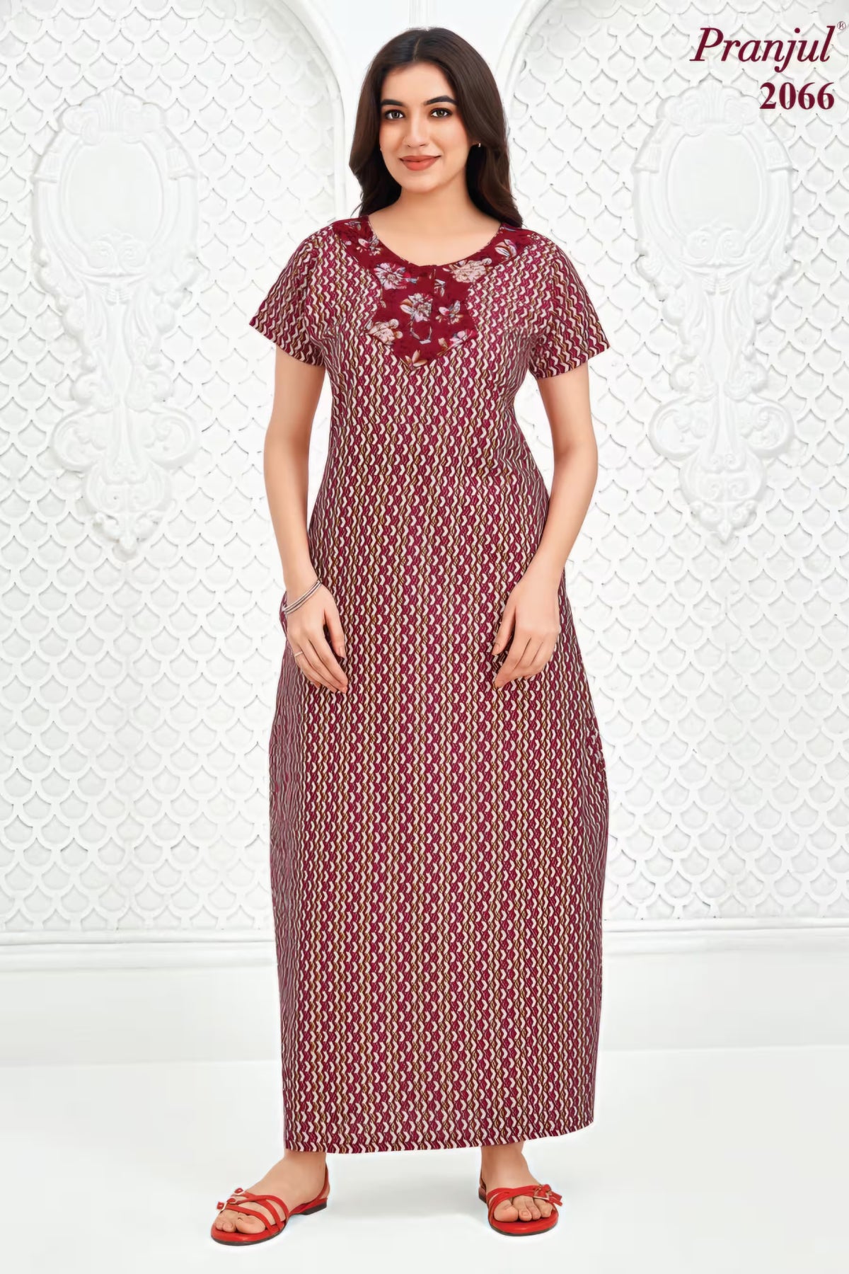 Pranjul 2066 Maroon Printed Nighty for Women – Full Length Nightgown Main image