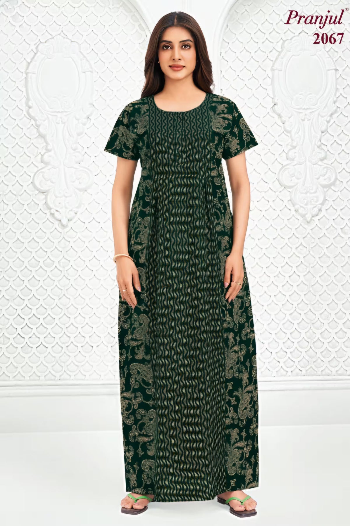 Pranjul 2067 Dark Green Printed Nighty for Women – Full Length Nightgown Main image