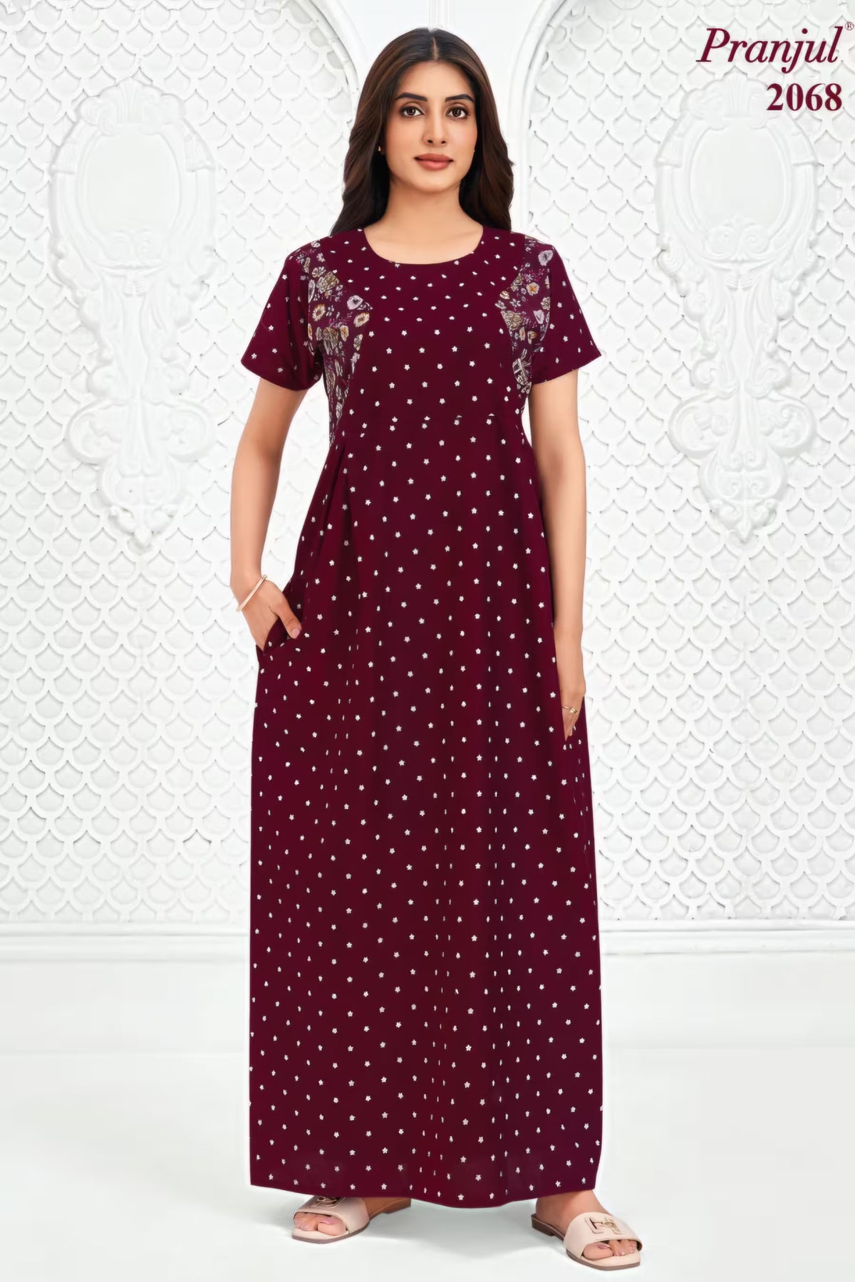 Pranjul 2068 Maroon Printed Nighty for Women – Full Length Nightgown