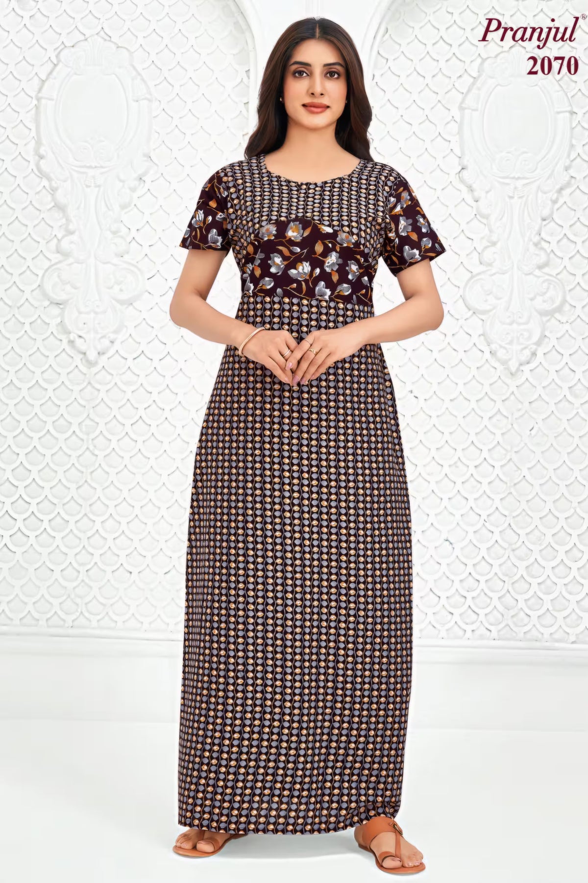 Pranjul 2070 Brown Printed Nighty for Women – Full Length Geometric Floral Nightgown