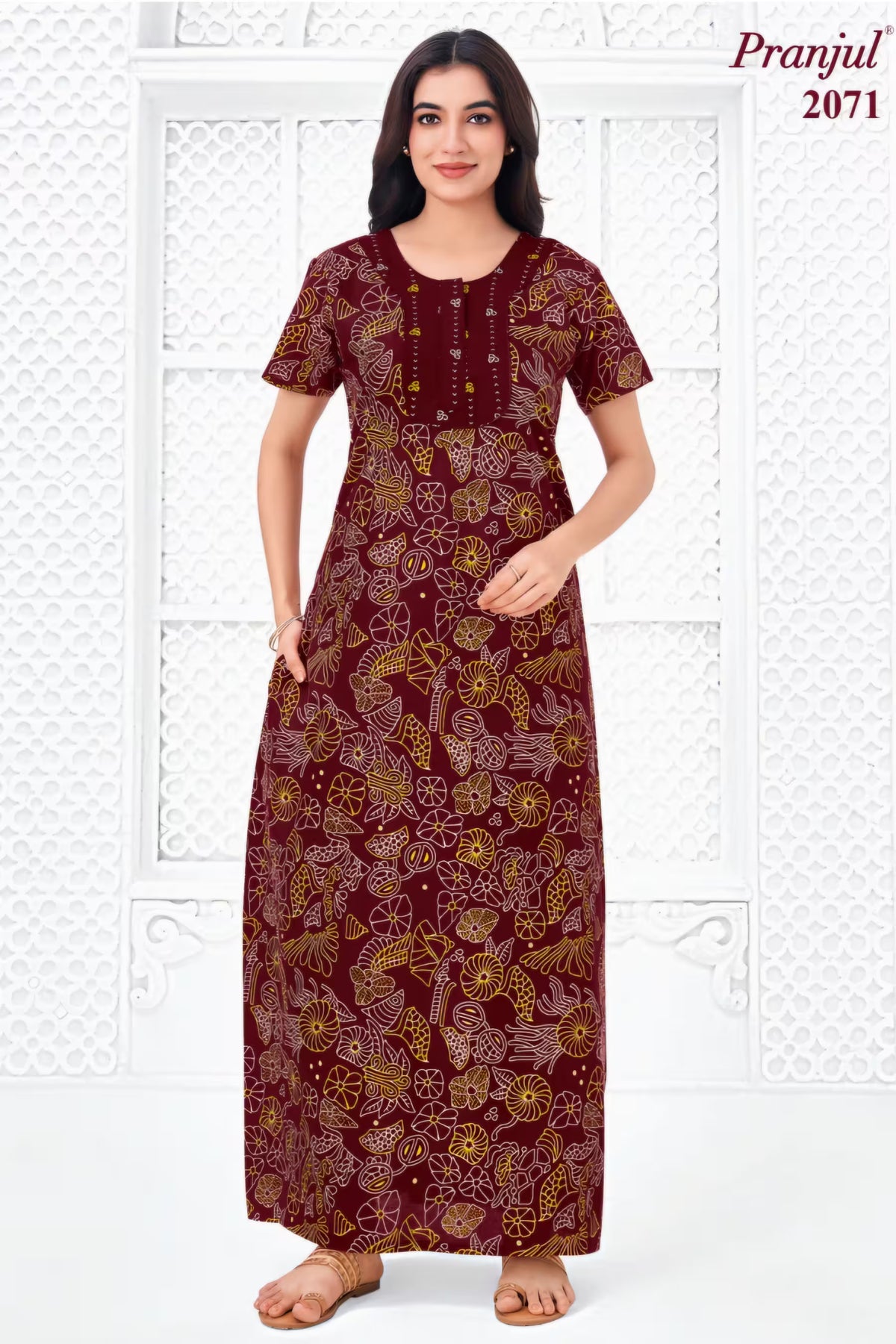 Pranjul 2071 Maroon Printed Nighty for Women – Full Length Floral Nightgown