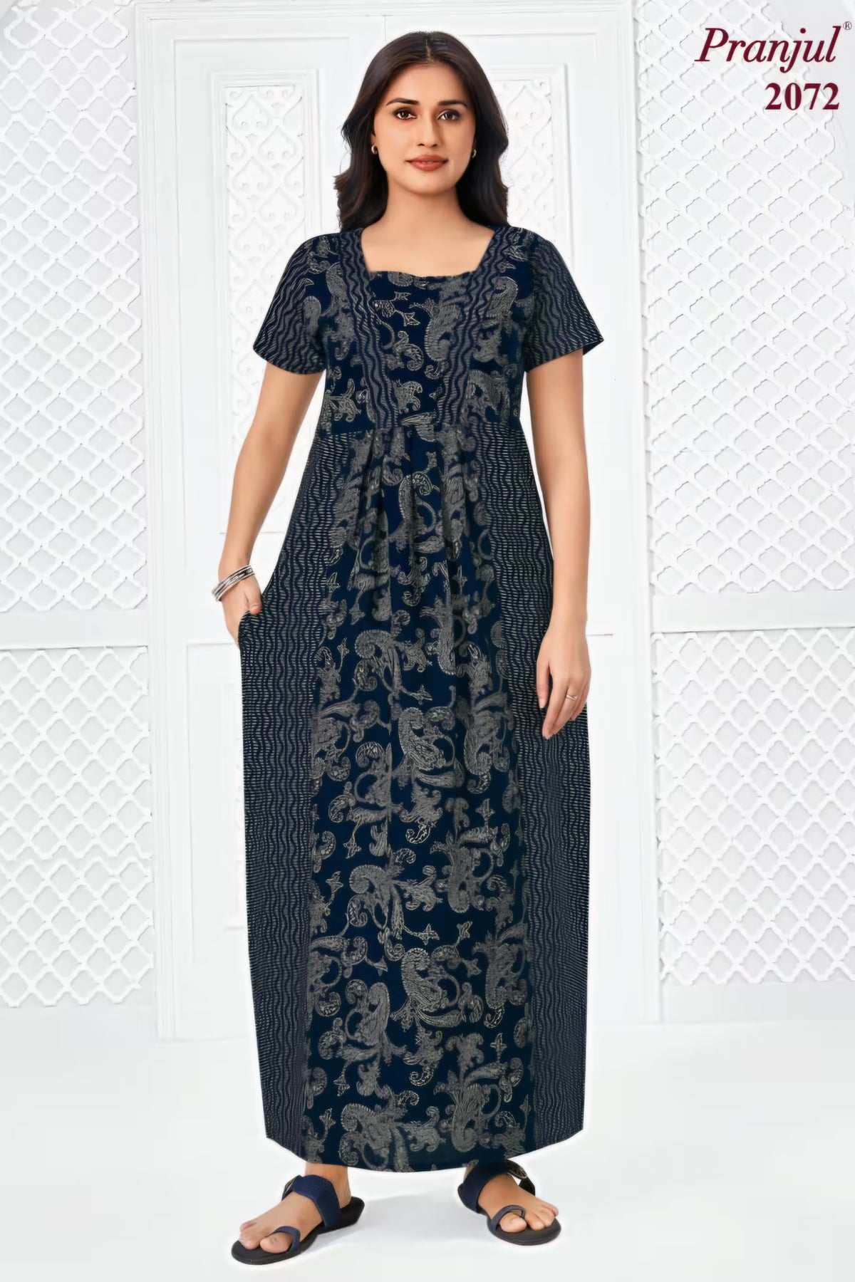 Pranjul 2072 Navy Blue Printed Nighty for Women – Full Length Paisley Nightgown Main image
