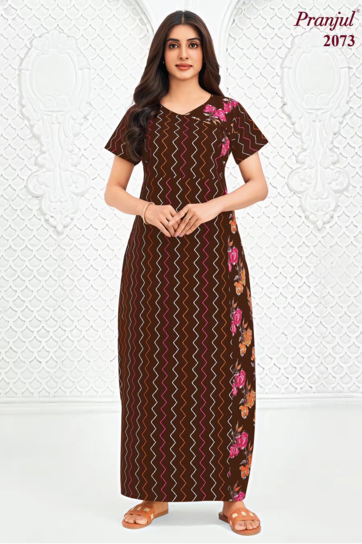 Pranjul 2073 Brown Printed Nighty for Women – Full Length Zigzag Floral Nightgown Main image