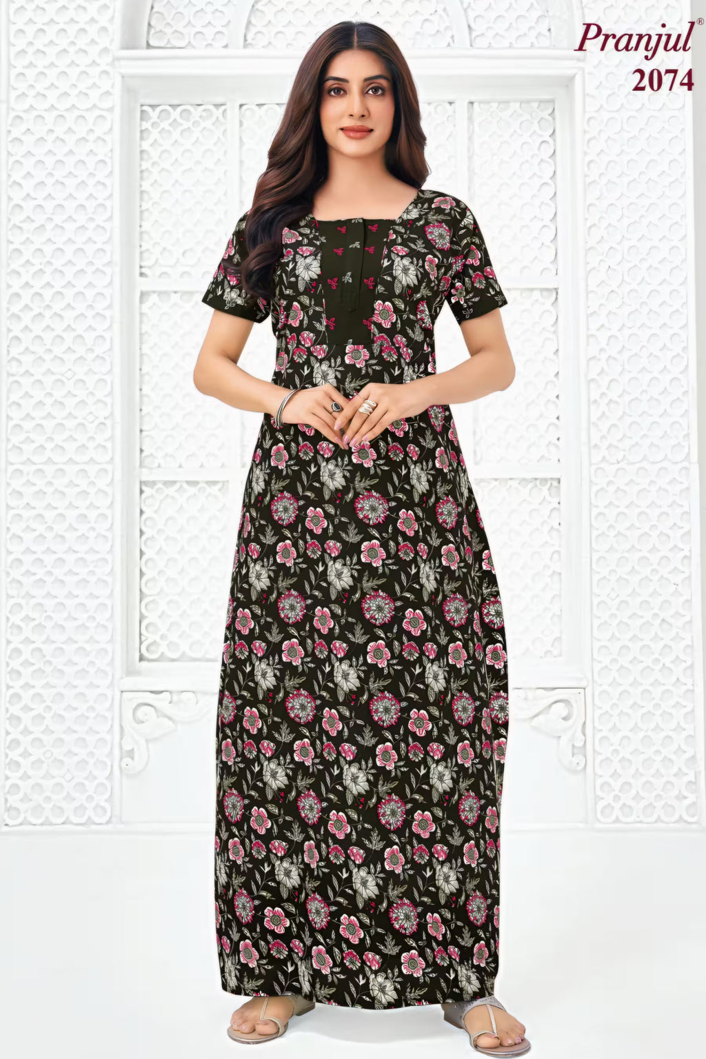 Pranjul 2074 Black Floral Printed Nighty for Women – Full Length Nightgown | Bavis Clothing