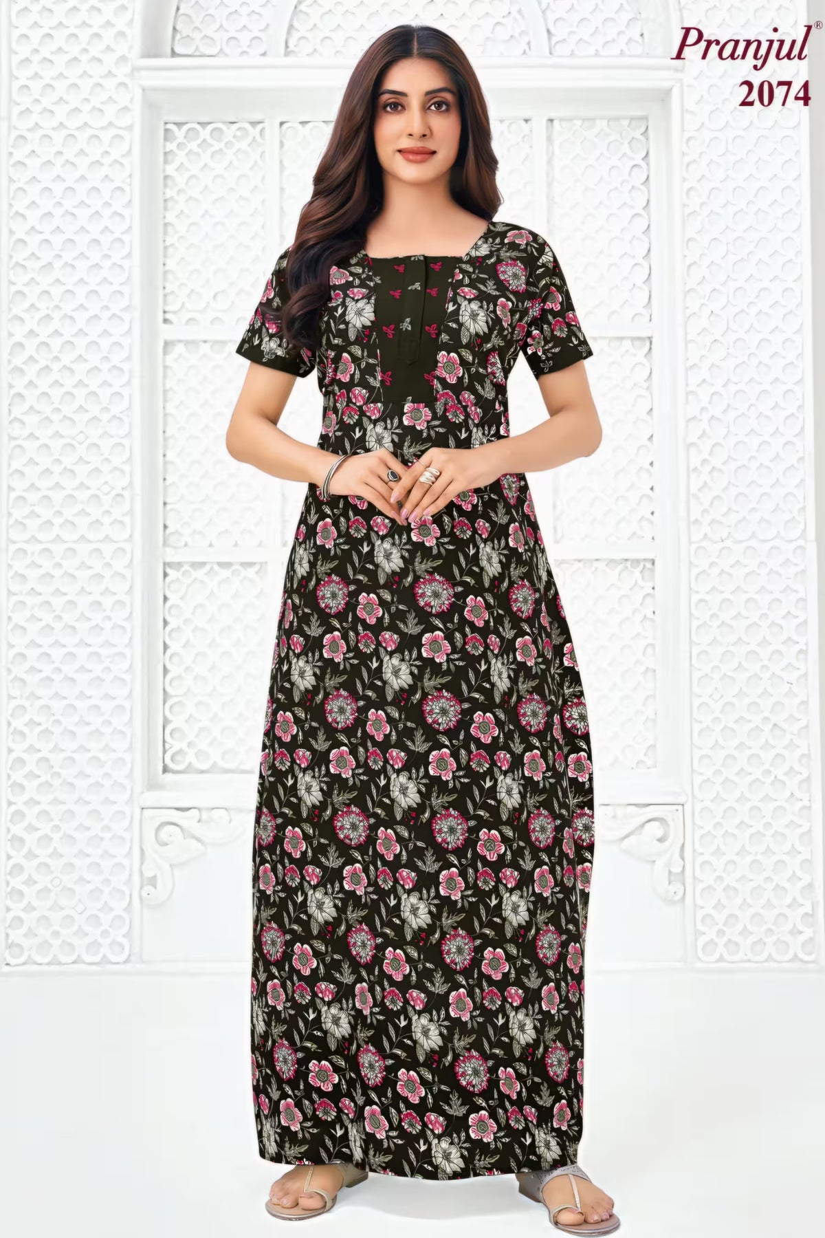 Pranjul 2074 Black Floral Printed Nighty for Women – Full Length Nightgown