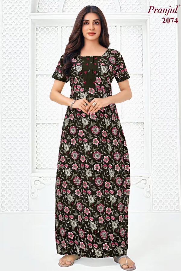 Pranjul 2074 Black Floral Printed Nighty for Women – Full Length Nightgown | Bavis Clothing