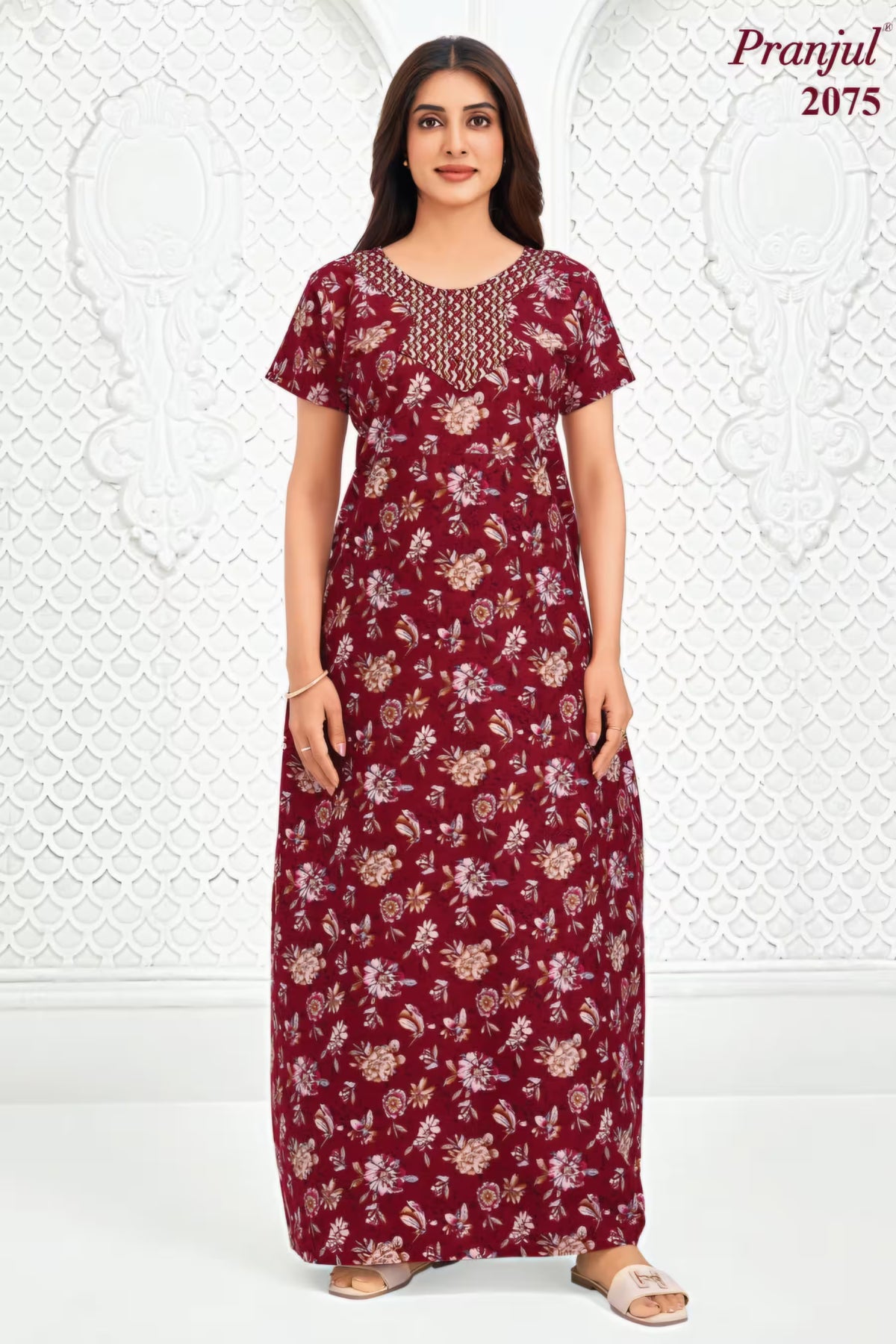 Pranjul 2075 Maroon Floral Printed Nighty for Women – Full Length Nightgown