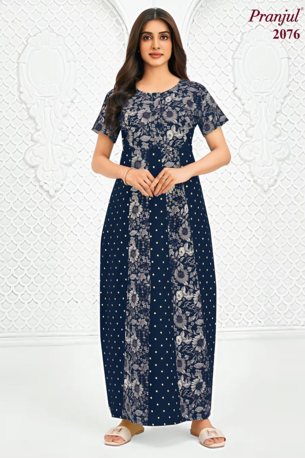 Pranjul 2076 Navy Blue Floral Printed Nighty for Women – Full Length Nightgown | Bavis Clothing