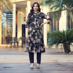 Women’s Premium Rayon A-Line Long Kurti with Foil Print & Solid Pant Set - Zheel 121