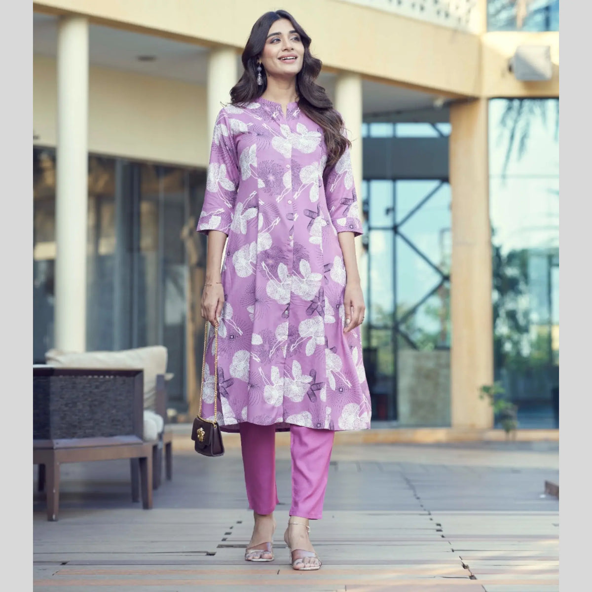 Elegant Women’s Rayon Printed A-Line Kurti with Fancy Buttons & Plain Pants - Zheel 122