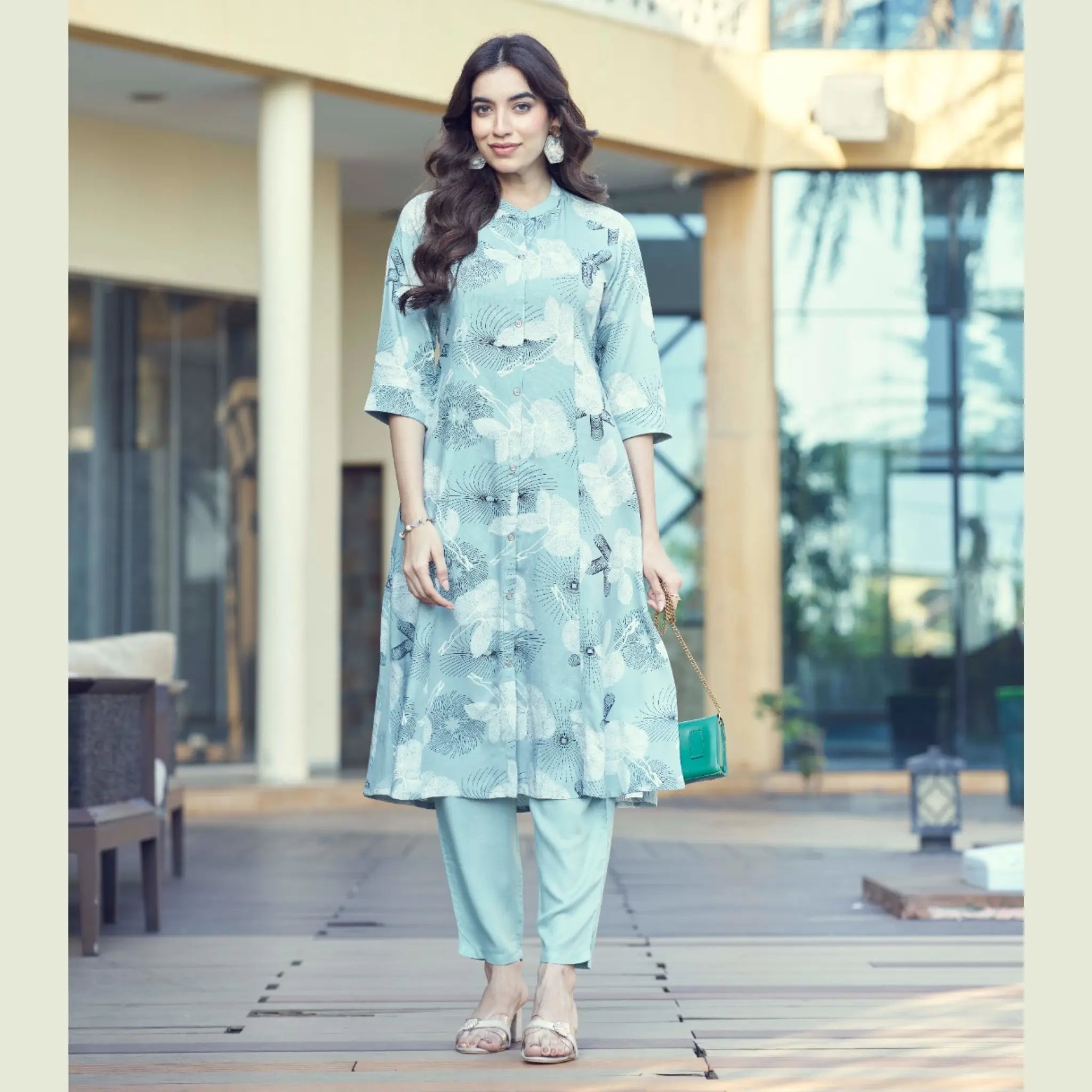 Women’s Rayon Foil Print A-Line Kurti Pant Set with Mandarin Collar - Zheel 123