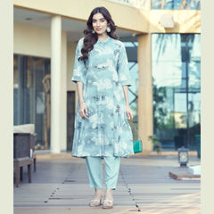 Women’s Rayon Foil Print A-Line Kurti Pant Set with Mandarin Collar - Zheel 123