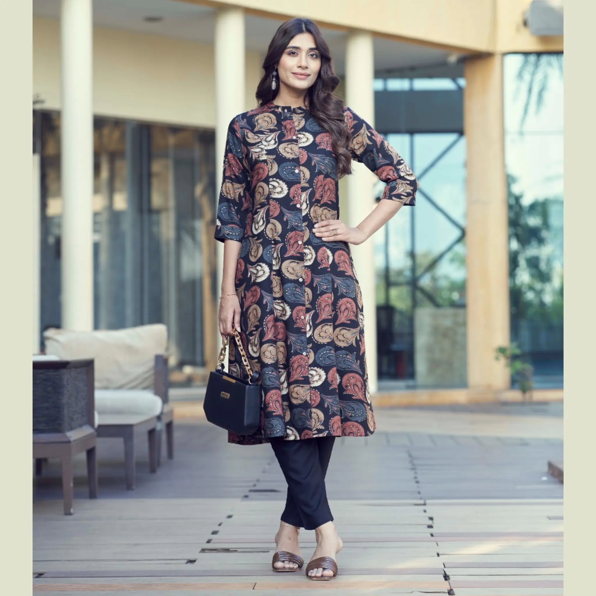 Stylish Women’s Rayon Long Kurti with Foil Work & Elastic Waist Pant Set - Zheel 124 Main image