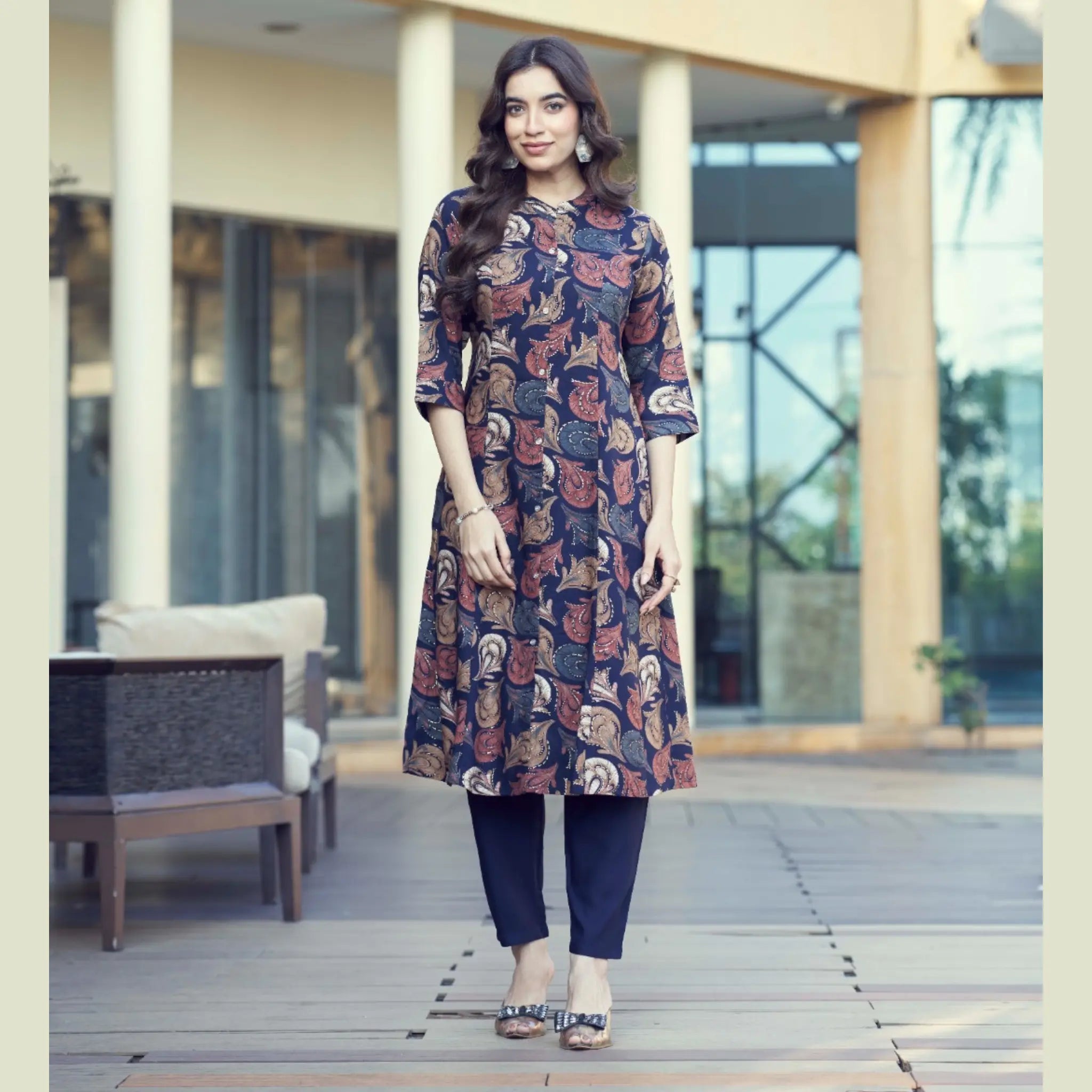 Women’s Printed Rayon A-Line Kurti with Pocket & Solid Pant Combo - Zheel 125 Main image