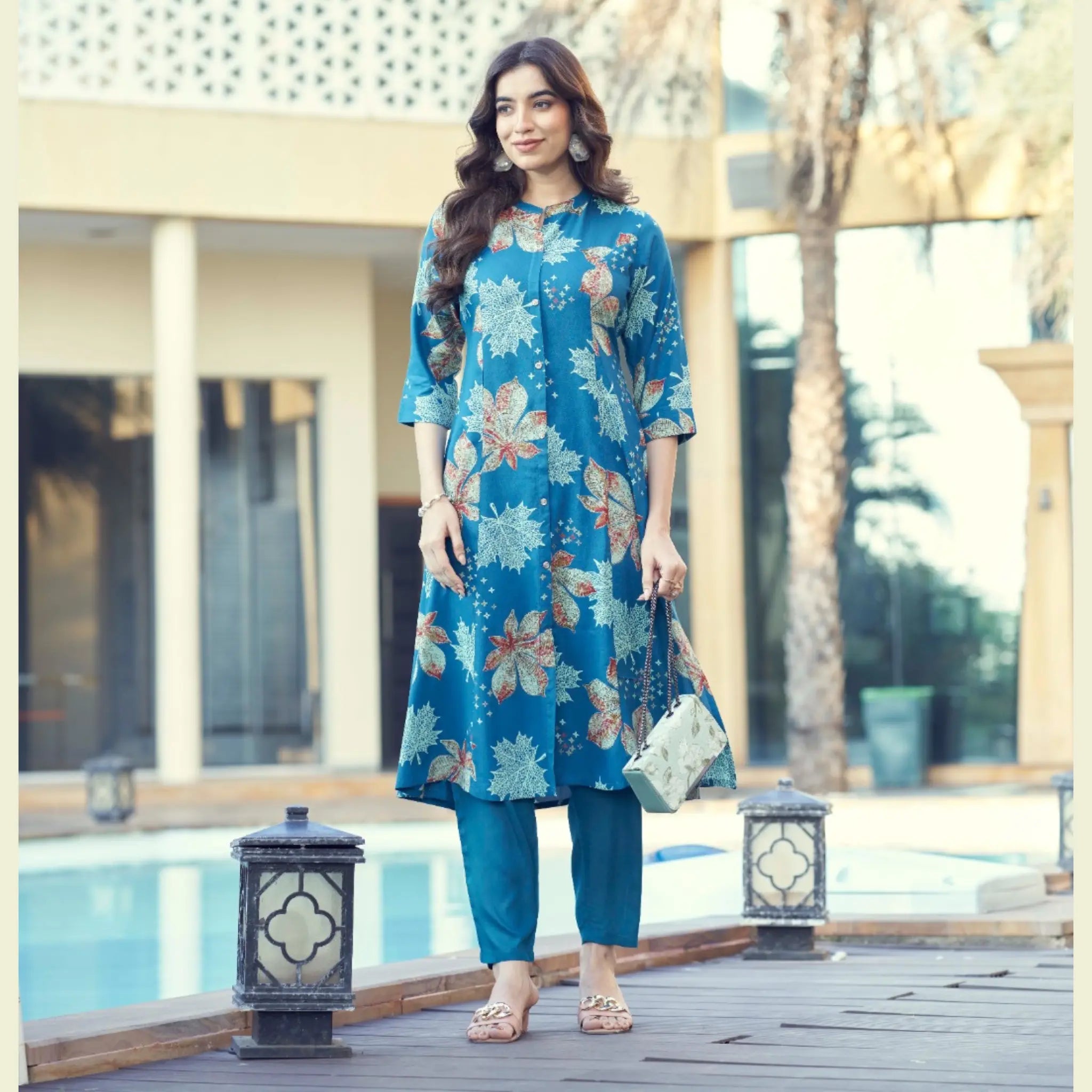 Chic Women’s Rayon A-Line Kurti with Foil Detailing & Knot Style Pants - Zheel 126 Main image