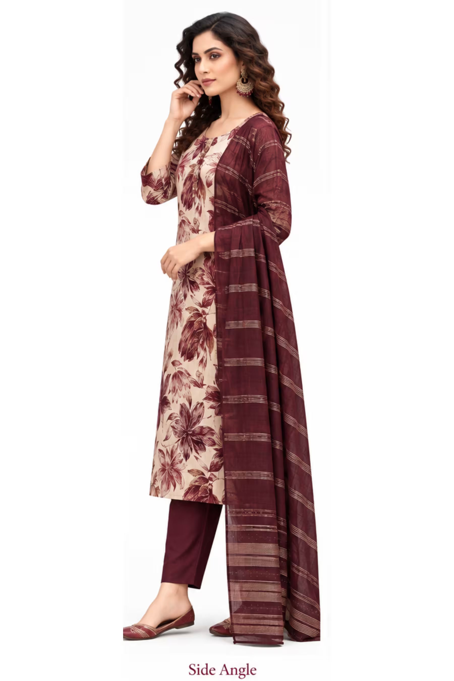 Cream Maroon Floral Kurta Pant Set with Striped Dupatta for Women Secondary image