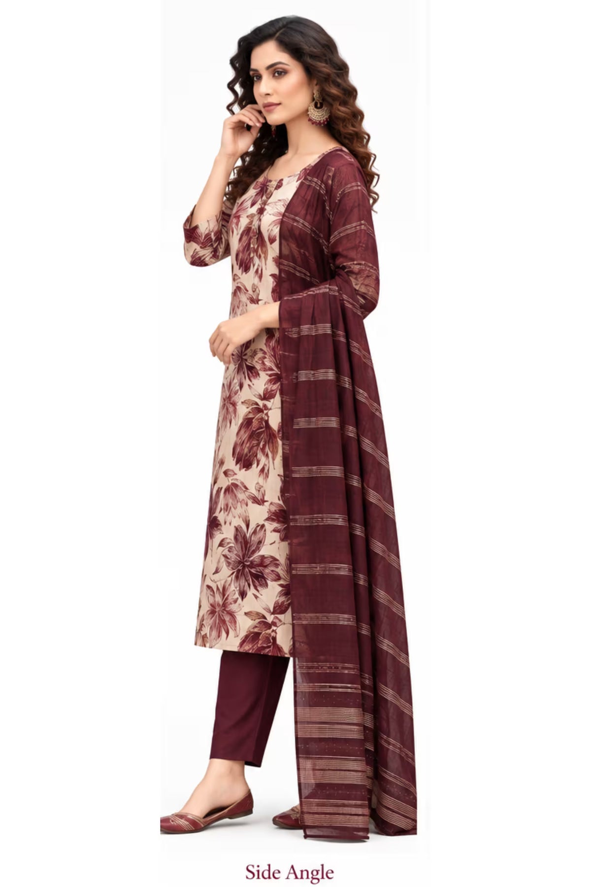 Side Angle - Cream Maroon Floral Kurta Pant Set with Striped Dupatta for Women | Bavis Clothing