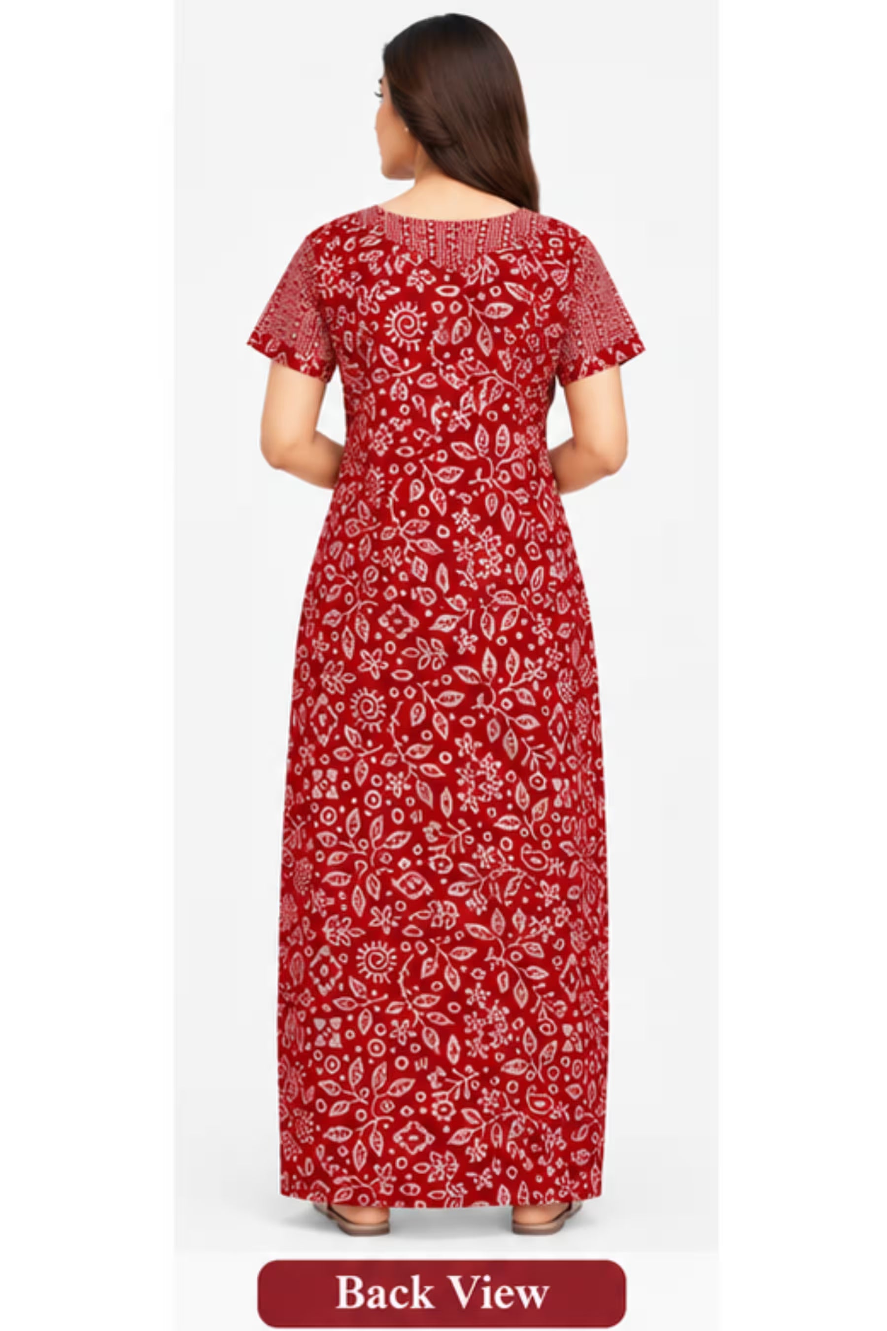 Pranjul 2077 Cotton Nighty for Women – Red Floral Printed Nightdress Secondary image