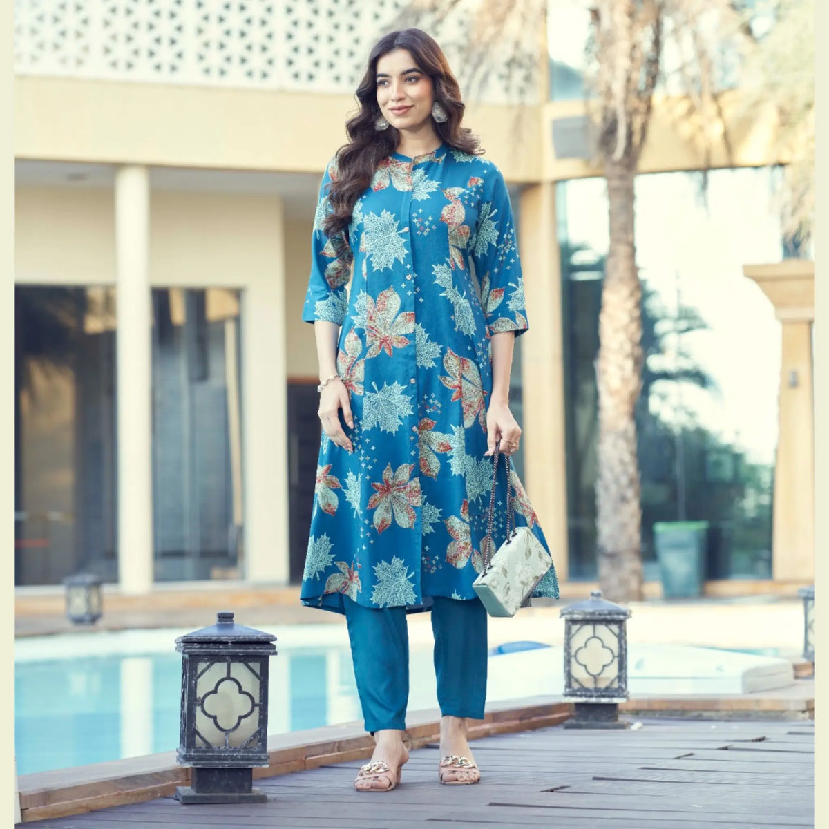 Chic Women’s Rayon A-Line Kurti with Foil Detailing & Knot Style Pants - Zheel 126