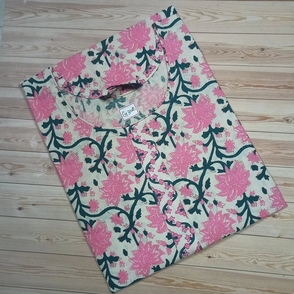 Spanish White Floral Print Cotton long Kurti