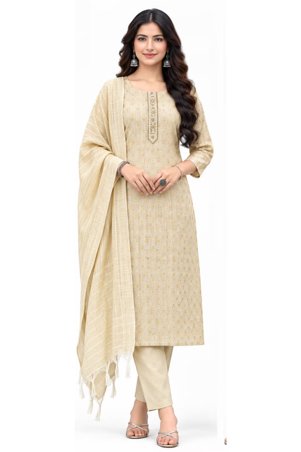Beige Cotton Straight Kurta Pant Set with Dupatta | Bavis Clothing