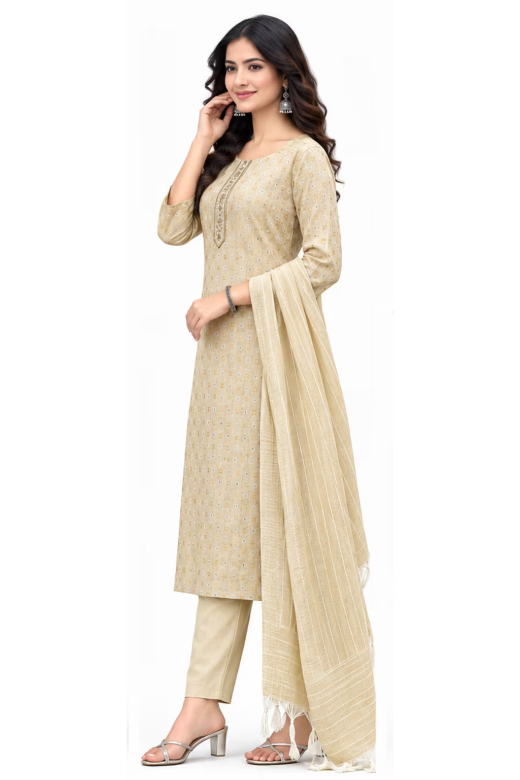 Side View - Beige Cotton Straight Kurta Pant Set with Dupatta | Bavis Clothing