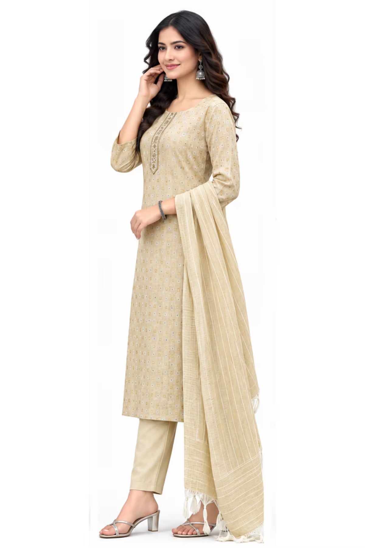 Side View - Beige Cotton Straight Kurta Pant Set with Dupatta | Bavis Clothing