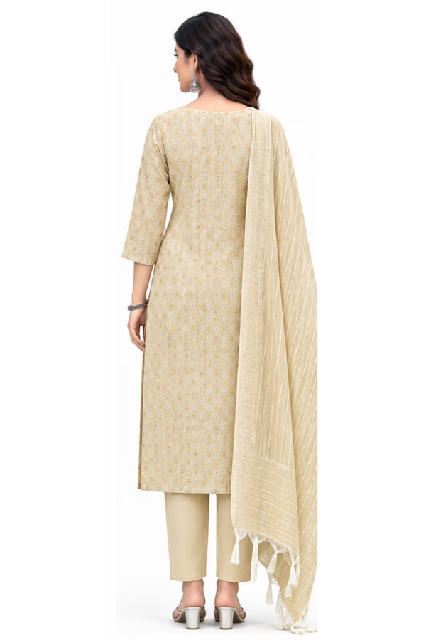Back View - Beige Cotton Straight Kurta Pant Set with Dupatta | Bavis Clothing